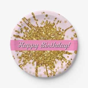 Fun gold pink sparkle glitter graffiti paint stars paper plate