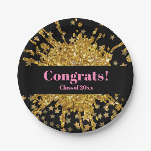 Fun gold pink sparkle glitter graffiti paint stars paper plate