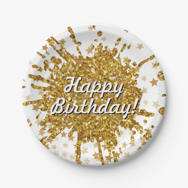 Fun gold sparkle glitter graffiti paint drip stars paper plate (Front)