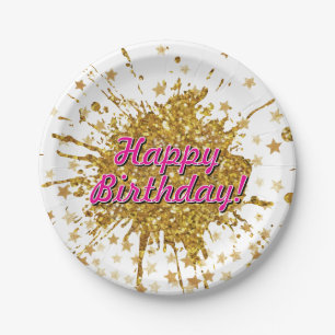Fun gold sparkle glitter graffiti paint drip stars paper plate