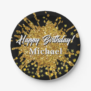 Fun gold sparkle glitter graffiti paint drip stars paper plate