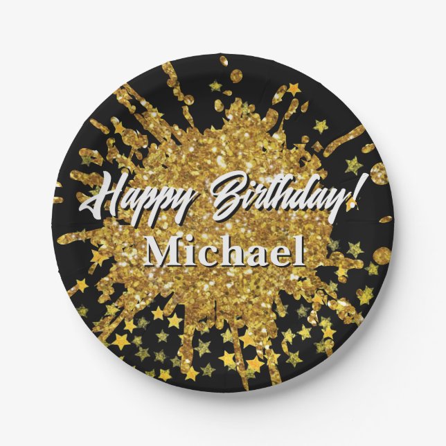 Fun gold sparkle glitter graffiti paint drip stars paper plate (Front)