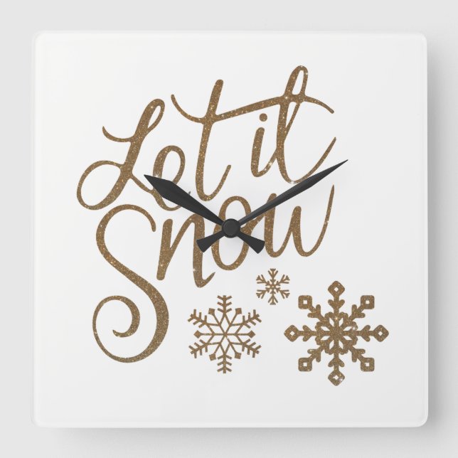 Fun Gold Sparkles Let it Snow Square Wall Clock (Front)