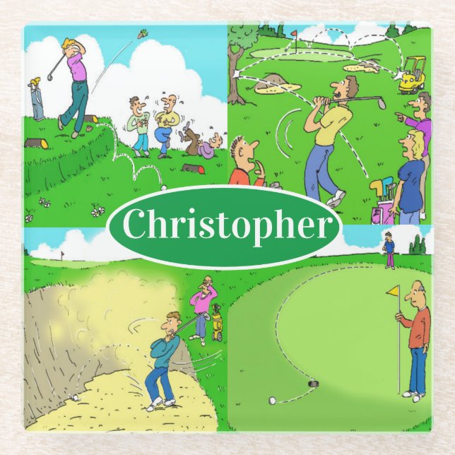 Fun Golf Cartoons with Your Name. Golfer Glass Coaster (Front)