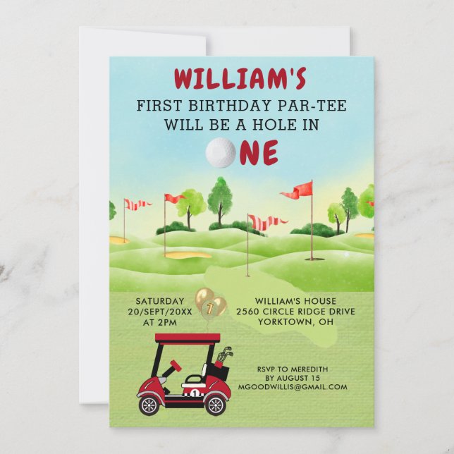 Fun Golf Red Cart Boy 1st Birthday Par-Tee Invitat Invitation (Front)