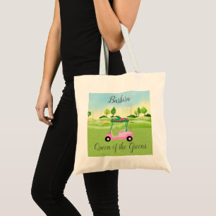 Fun Golf Scene Pink Cart Name Queen of the Greens Tote Bag