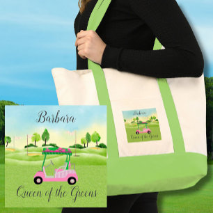 Fun Golf Scene Pink Cart Name Queen of the Greens Tote Bag