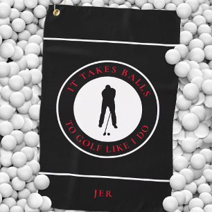 Fun Golfer Balls Humour Pun Modern Black & Red Golf Towel