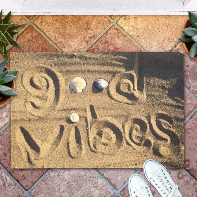Fun Good Vibes Quote Drawn In Beach Sand Photo Doormat (Creator Uploaded)