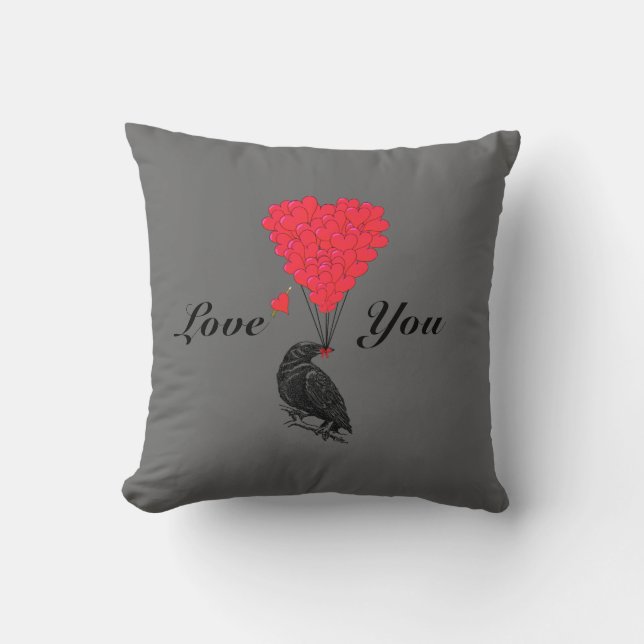 Fun gothic crow valentines love heart throw pillow (Front)