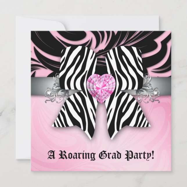 Fun Graduation Party Invite Zebra Bow Pink Silver (Front)