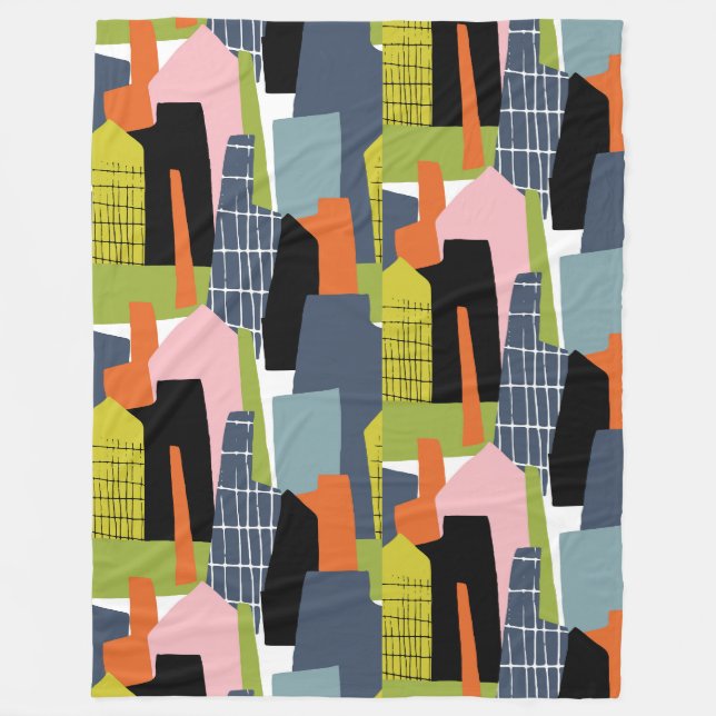 Fun graphic houses abstract modern lime green fleece blanket (Front)