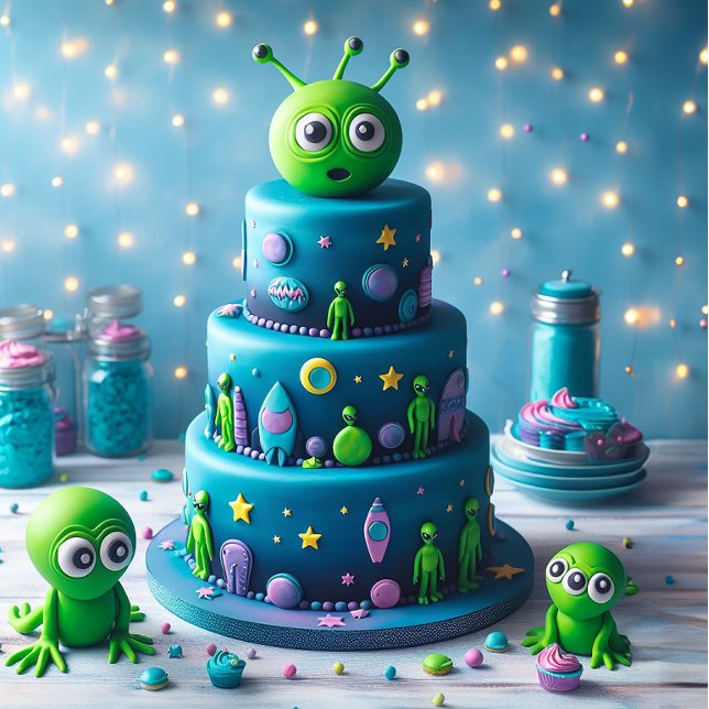 FUN GREEN ALIEN AND SPACE THEMED KIDS BIRTHDAY  CARD (Creator Uploaded)