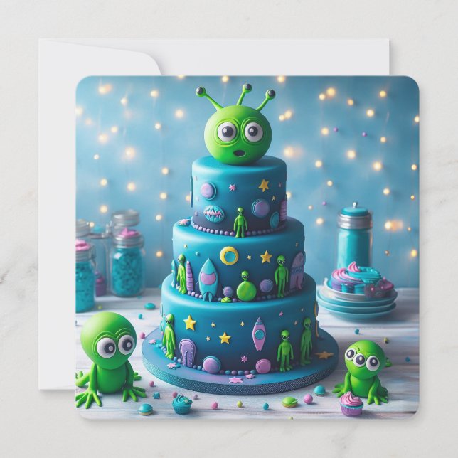 FUN GREEN ALIEN AND SPACE THEMED KIDS BIRTHDAY  CARD (Front)