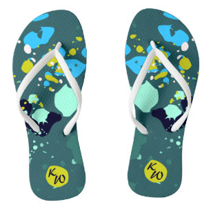 Fun Green Colourful Paint Splatter & Initials  Flip Flops