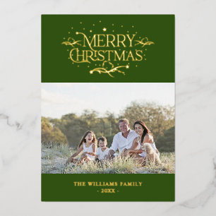 Fun Green Gold Family Custom Photo Merry Christmas Foil Holiday Card