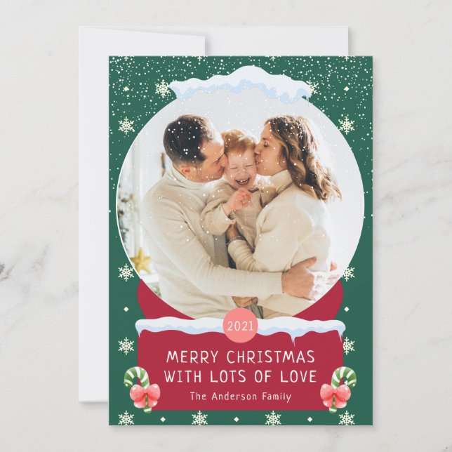 Fun Green Merry Christmas Snow Globe Photo Card (Front)