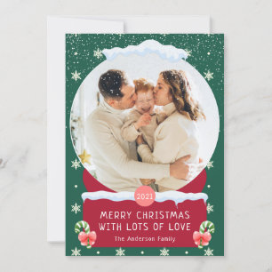 Fun Green Merry Christmas Snow Globe Photo Card