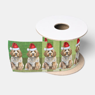 Fun Green Plaid Cockapoo Santa Dog Christmas Satin Ribbon