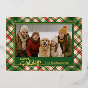 Fun Green Red Plaid Watercolor Pattern And Gold Foil Holiday Card