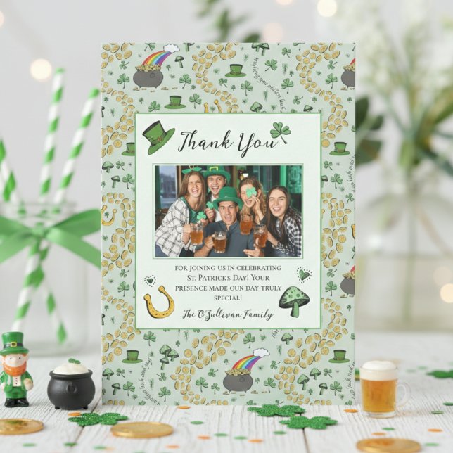 Fun Green St Patricks Irish Thank You Card (Irish Thank You Cards. Green Pattern of Green Shamrock, Clover, Rainbow, Horseshoe)