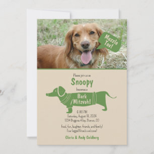 Fun Green Tan Pet Dog Muzzle Tov Bark Mitzvah Invitation