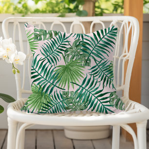 Fun Green Tropical Leaves on Pink Outdoor Pillow