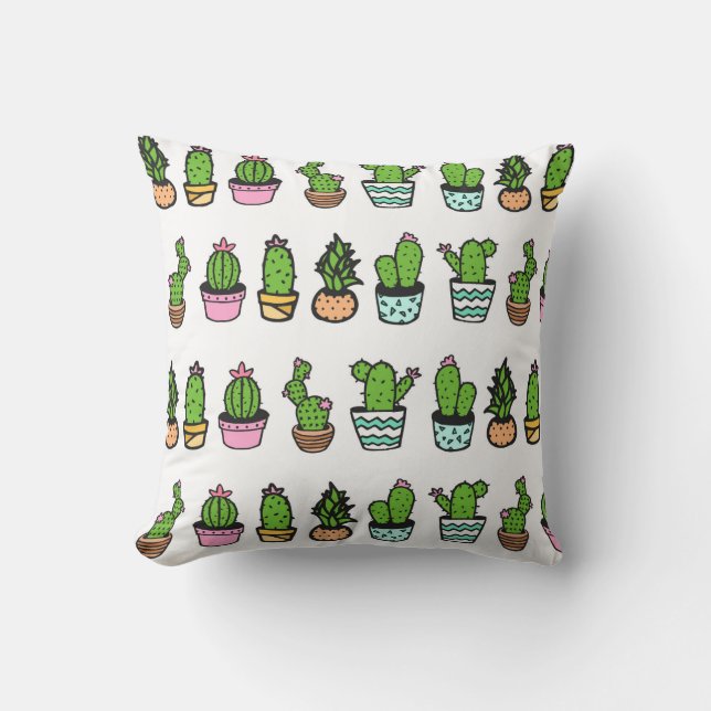 Fun Green & White Cactus Print Throw Pillow (Front)