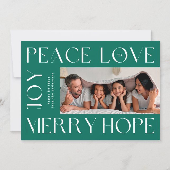 Fun Green White Letters MERRY JOY PEACE LOVE photo Holiday Card (Front)