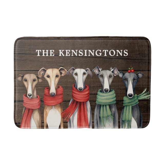Fun Greyhound Dogs in Winter Scarves Bath Mat (Front)
