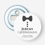Fun Groomsman Wedding Favour Black Tie Tuxedo Bottle Opener<br><div class="desc">This fun bottle opener makes a wonderful gift or favour for your groomsmen. Features a cute and fun design with a black tie and three black buttons resembling a tuxedo. The text reads "groomsman" with a place for his name, the couple's names, and the wedding date. Great way to thank...</div>