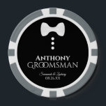 Fun Groomsman Wedding Favour White Bow Tie Tuxedo Poker Chips<br><div class="desc">These poker chips make a wonderful favour for your groomsmen. They feature a fun tuxedo design with a white bow tie and three white buttons on a black background. The text reads "Groomsman" with a place for his name, the names of the couple, and the wedding date. Wonderful keepsake or...</div>