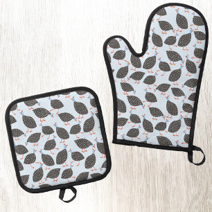 Fun Guineafowl Bird Pattern Oven Mitt & Pot Holder Set