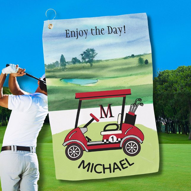 Fun Guy Gift Golf Cart Personalized Name Golf Towel (Creator Uploaded)