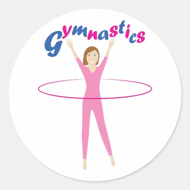 Fun Gymnastics text with Pink hula hooping girl Classic Round Sticker (Front)