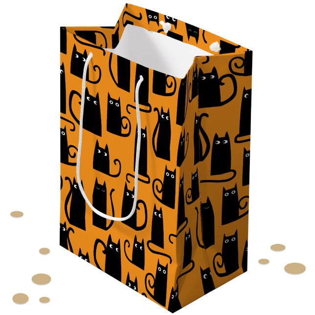 Fun Halloween Black Cat Orange Medium Gift Bag (Fun Halloween black cat orange pattern gift bag)
