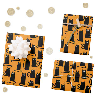 Fun Halloween Black Cat Orange Wrapping Paper Sheet