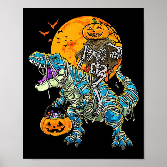Fun Halloween Dinosaur T Rex Mummy Pumpkin Candy S Poster (Front)