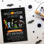 Fun Halloween Kids Costume Birthday Party Invitation<br><div class="desc">A birthday invitation for those born in October - a Halloween Costume Party! Featuring a rustic chalkboard background, colourful star confetti, cartoon fancy dress costume characters, pumpkins ghosts, monsters etc and a fun modern birthday party template that is easy to customize. If you want to change text font or colour...</div>