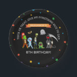Fun Halloween Kids Costume Birthday Party Paper Plate<br><div class="desc">Halloween birthday tableware featuring a black background,  colourful star confetti,  cartoon fancy dress costume characters,  ghosts,  monsters etc. Personalize by adding your own name and age. Matching Halloween party items available in my store.</div>