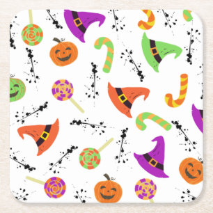 Fun Halloween Patterned White Square Paper Coaster