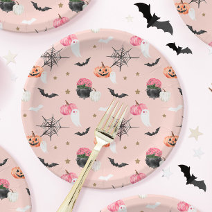 Fun Halloween Pink & Orange Pumpkin Spider Web Bat Paper Plate