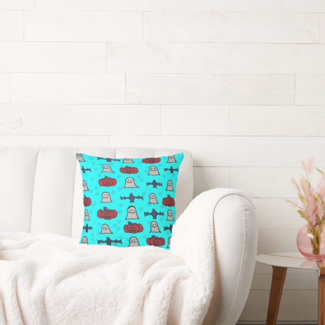 Fun Halloween Print on Blue Throw Pillow (Couch)