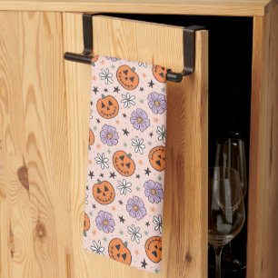 Fun Halloween Pumpkins and Flowers Pattern Kitchen Towel