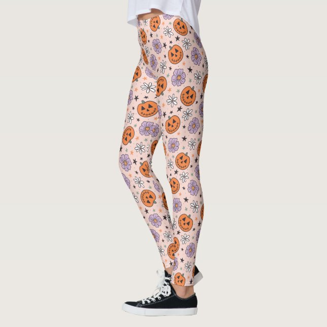 Fun Halloween Pumpkins and Flowers Pattern Leggings (Left)