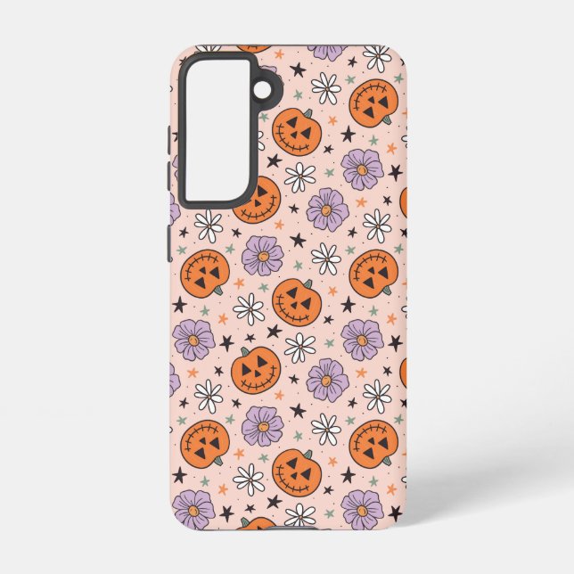 Fun Halloween Pumpkins and Flowers Pattern Samsung Galaxy S21 Case (Back)