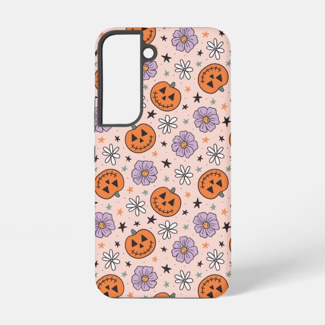 Fun Halloween Pumpkins and Flowers Pattern Samsung Galaxy S22 Case (Back)