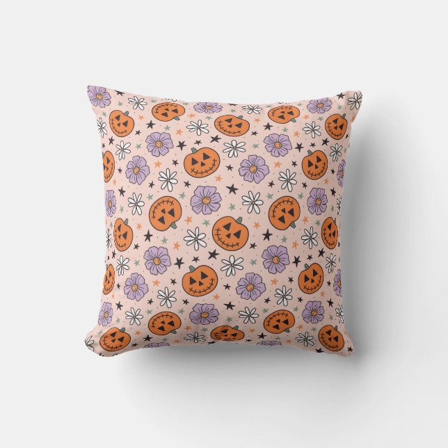 Fun Halloween Pumpkins and Flowers Pattern Throw Pillow (Front)