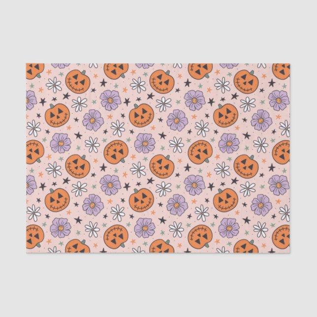Fun Halloween Pumpkins and Flowers Pattern Tissue Paper (Front)
