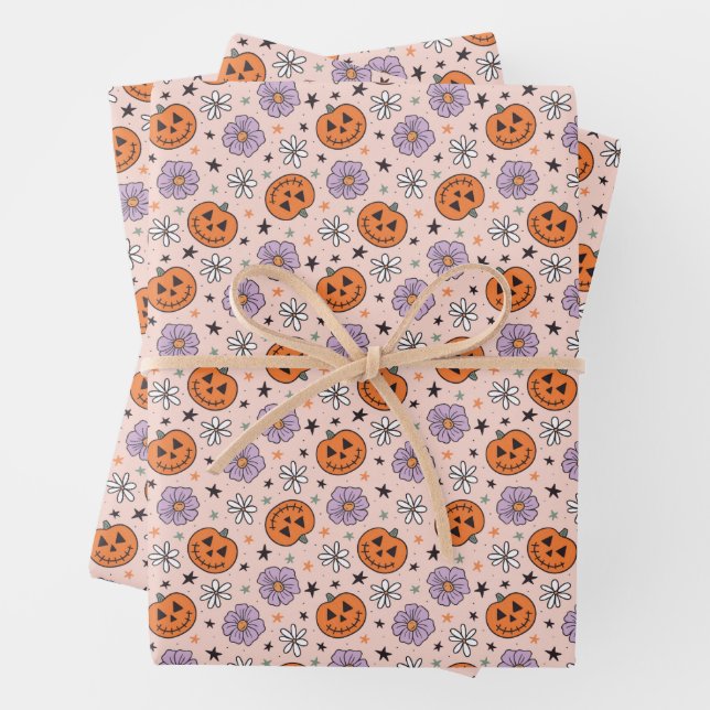 Fun Halloween Pumpkins and Flowers Pattern Wrapping Paper Sheet (In situ)